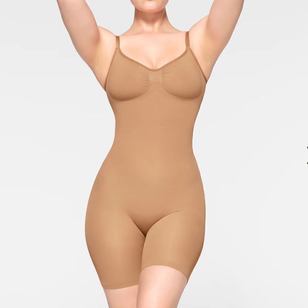 SKIMS Seamless Sculpt Mid Thigh Bodysuit In Ocher Nude Shape Wear Tank Bodysuit